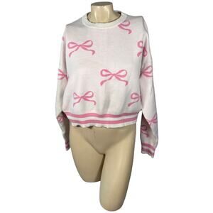 EUC Orange Kiss Essentials Bow Knit Sweater Pink White Size L